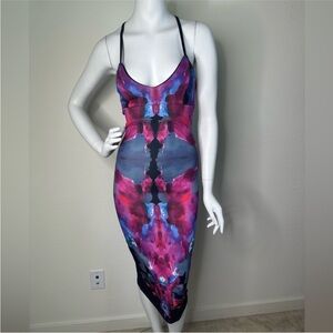 LA BELLE ROC BLACK PURPLE ABSTRACT PRINT BODYCON MIDI DRESS SZ XS
